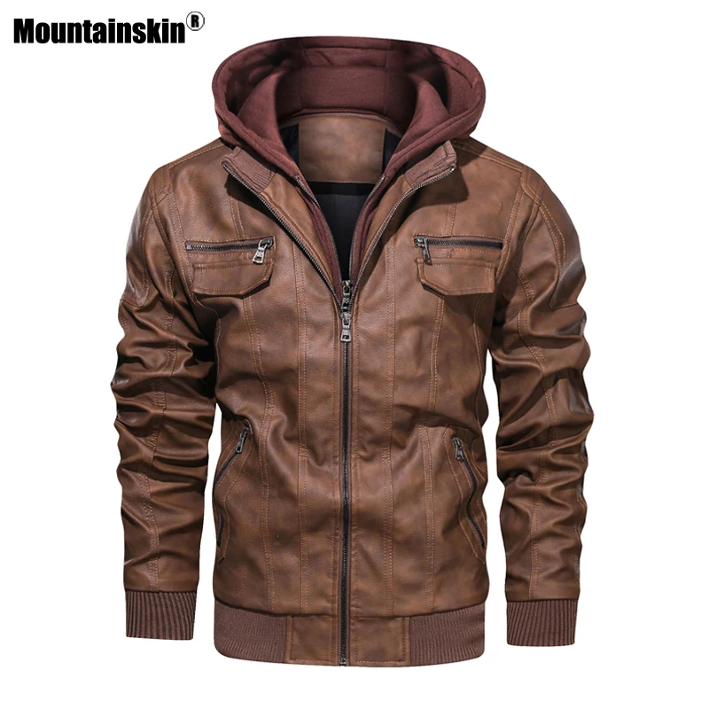 Мужская кожаная куртка Mountainskin зимняя теплая из искусственной кожи с капюшоном