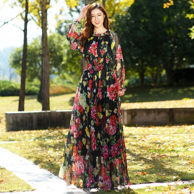 С длинным рукавом из шифона с цветочным рисунком тонкий талией для детей длинное