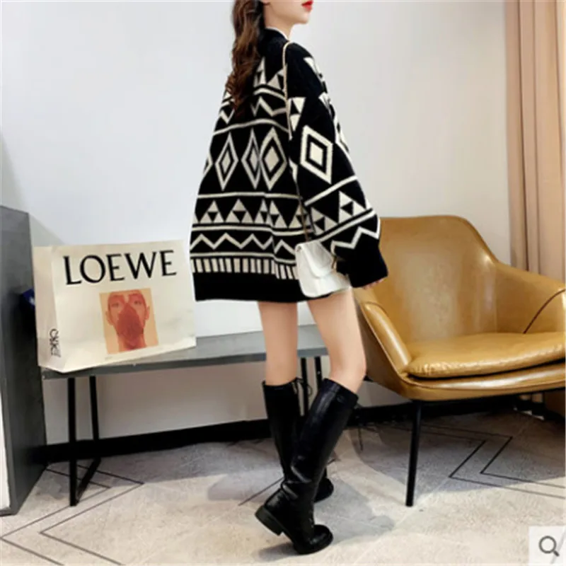 Женский вязаный свитер с длинным рукавом Свободный кардиган узором ромбиками