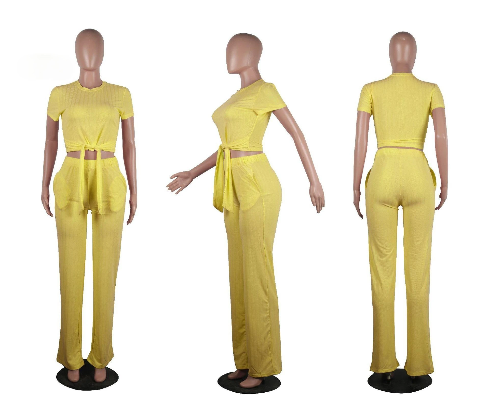 

Zoulv Candy Colors Tracksuit Kniteed Two Pieces Sets Women Clothes O Neck Short Sleeve Bandage Crop Top+Pocket Wide Leg Pants