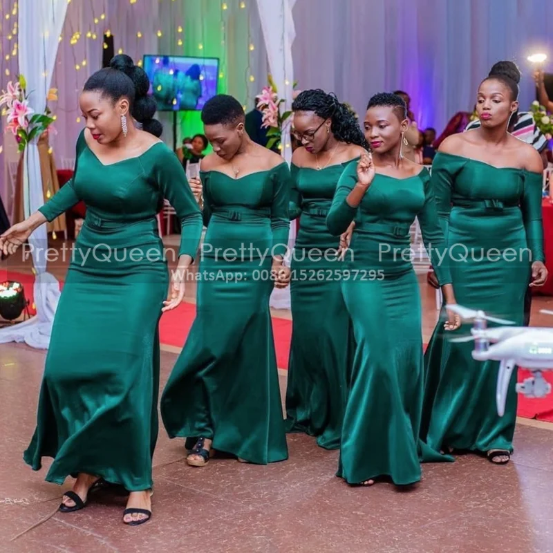 

Stylish Mermaid Long Sleeves Bridesmaid Dresses Hunter Green Off Shoulder African Girls Floor Length Party Dress Wedding Guest
