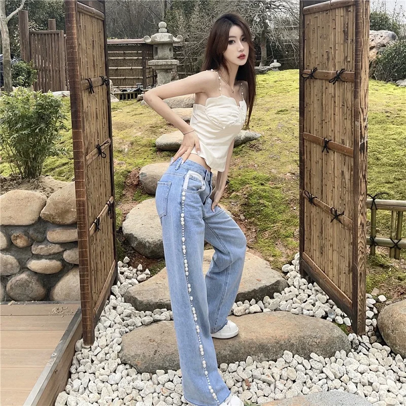 Fashionable and thin high-quality French pearl camisole 2021NEW summer pearl satin belt chest pad sexy tight ladies tube top