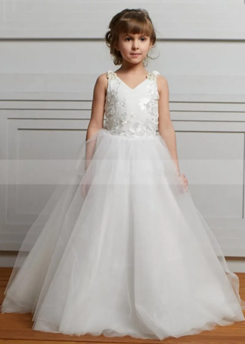 

Beaded Ivory Lace Tulle Flower Girl Dress Wedding V Back Pearls Neck Children Party Gown First Communion Dress