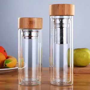 350/450Ml Double Wall Glass Water Bottle Tea Infuser Office Tea Cup Stainless Steel Filters Bamboo L