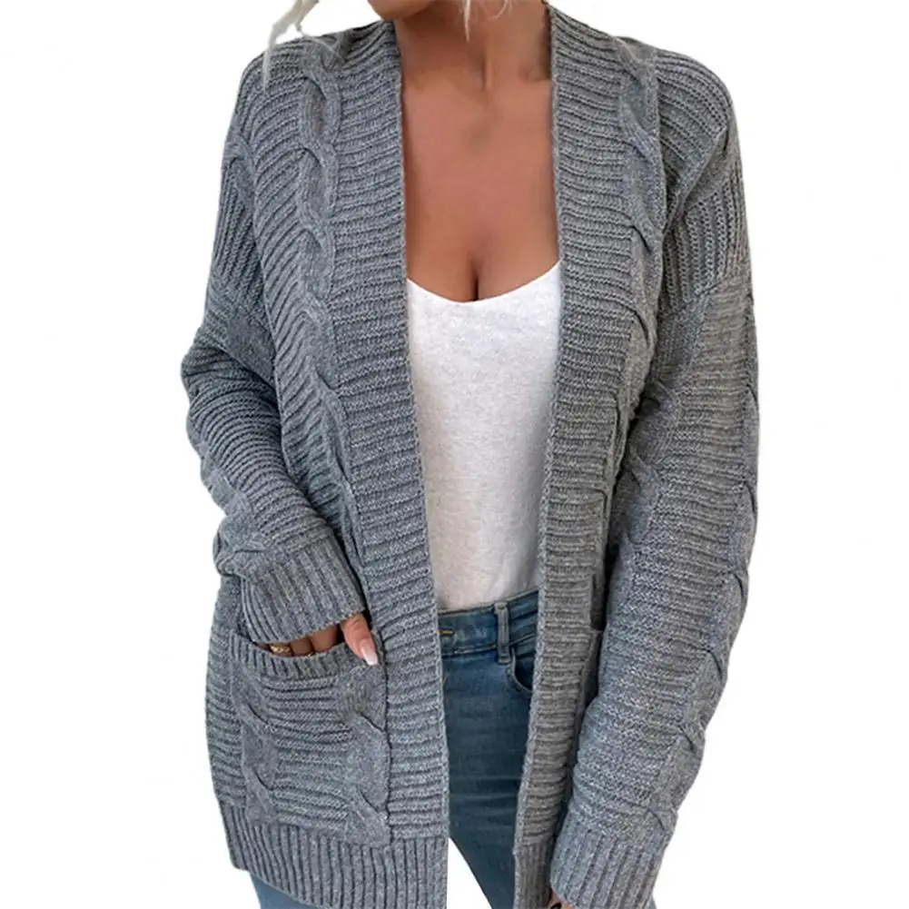 

New Stylish Open Front Long Sleeve Women Solid Color Cardigan Autumn Winter Two Pockets Twist Sweater Coat Female Knitwear Tops