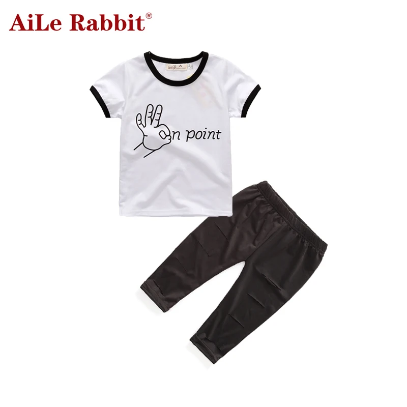AiLe Rabbit Trend, европейский стиль, специальный дизайн, комплекты одежды для девочек, Модная белая футболка с надписью+ штаны с дырками, комплект из 2 предметов