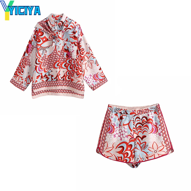 

Loose Satin Boho Two Piece Set Women Vintage Women Red Peahen 2021 Summer Fashion Ladies Print Shorts Suit Girls Chic Shirts Set