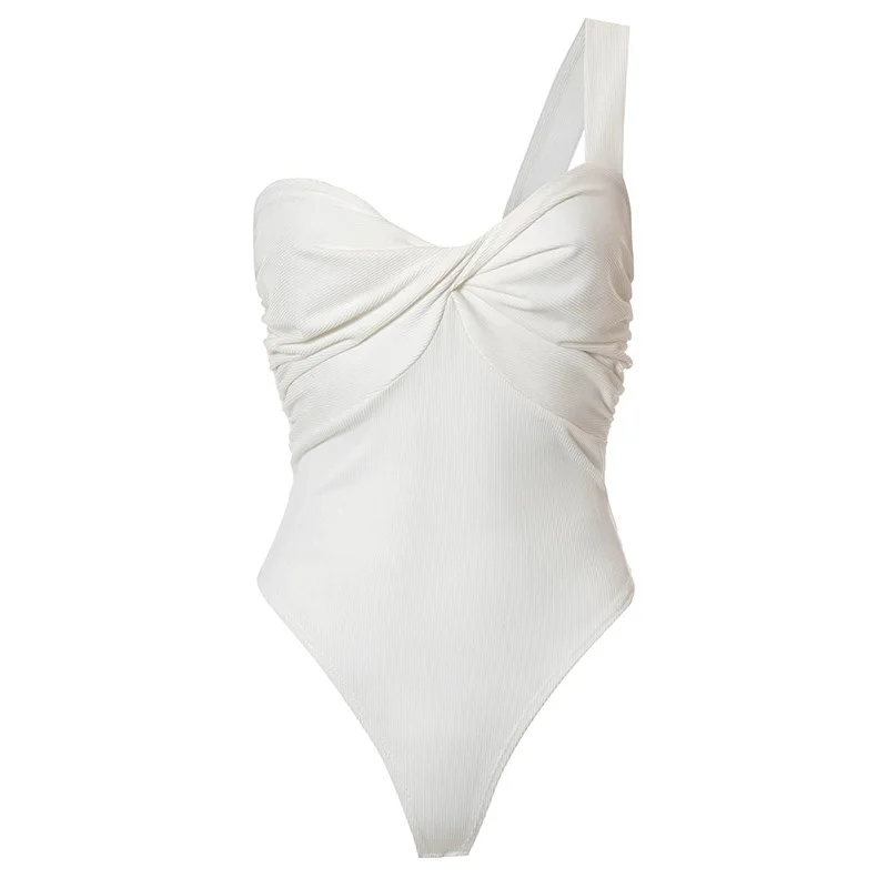 

CIGGANTFUL Women Summer New Pure Color Ribbed Bodysuit Temperament One Shoulder Slim Fitting Pleated One Piece Outfit White