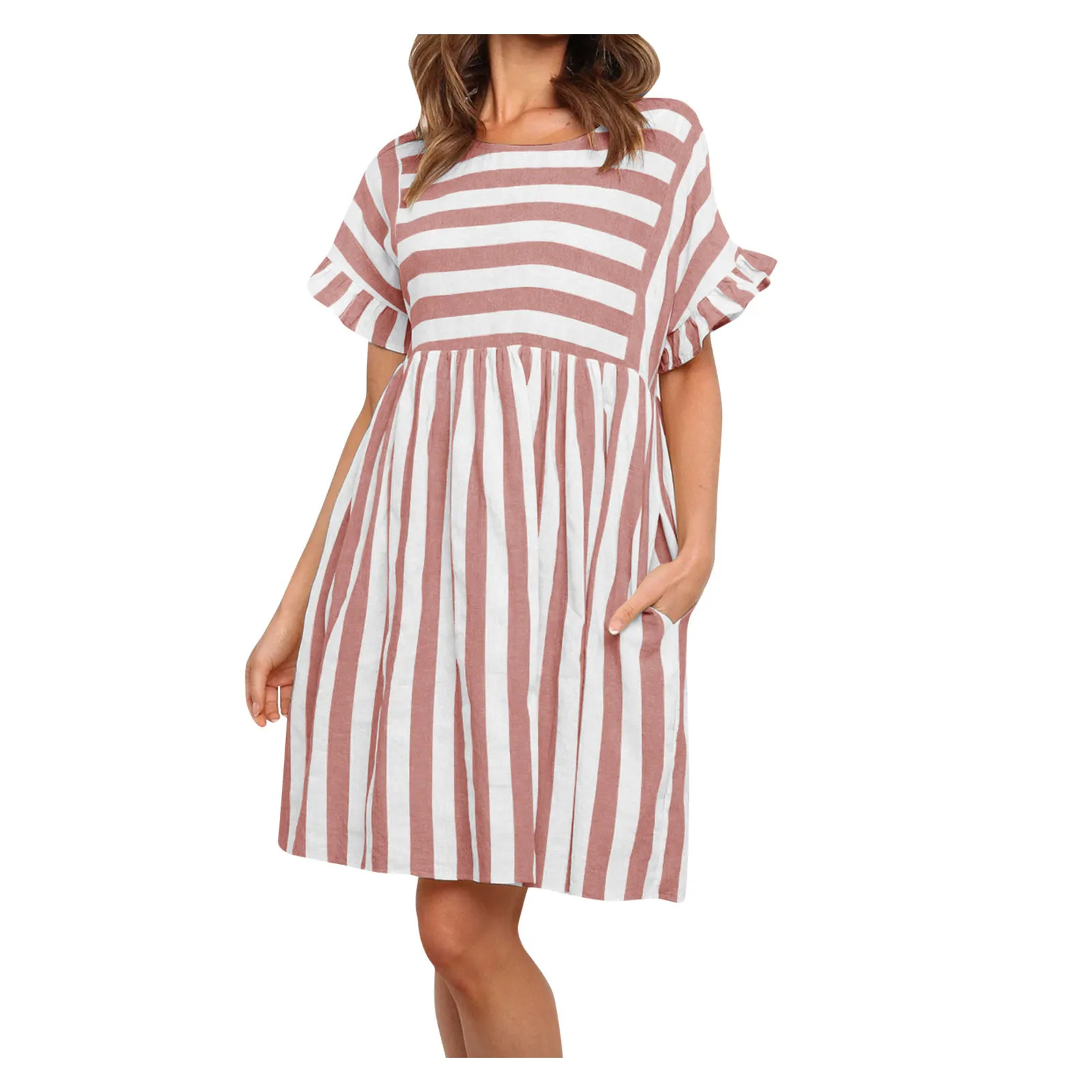 

Fashion Striped Print Dress Woman Sexy Round Neck Ruffled Stitching A-line Midi Dress Woman High Waist Party Dress#35
