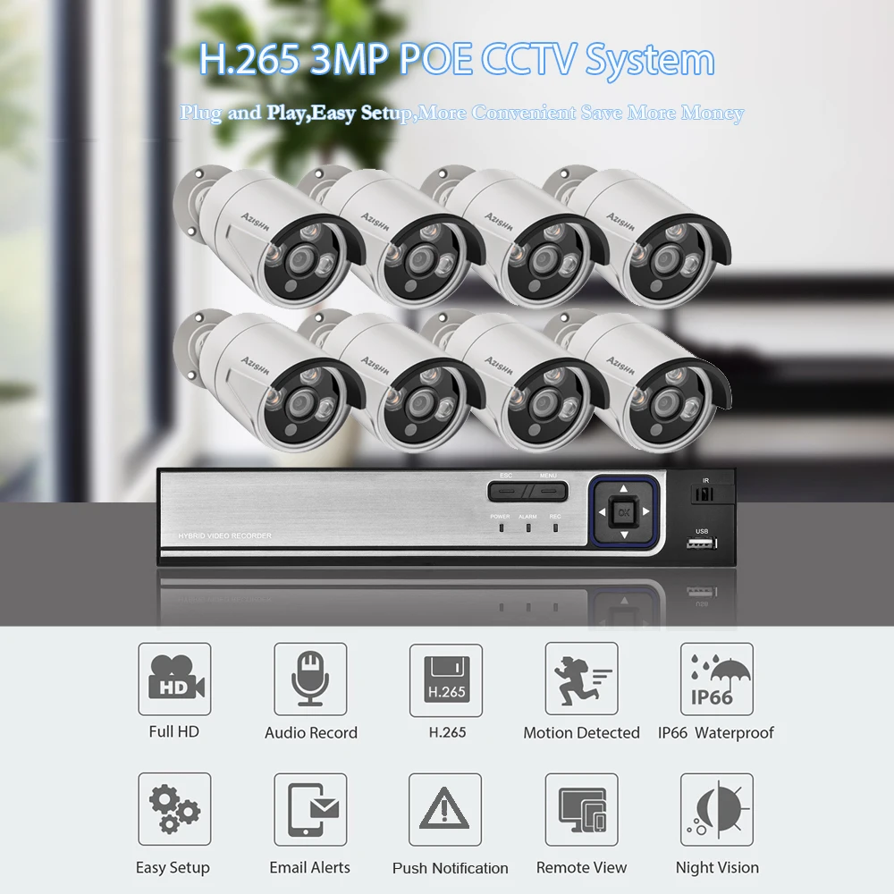 AZISHN 8 Каналы 3MP POE IP видео безопасности Системы H.265 + NVR с аудио на открытом воздухе