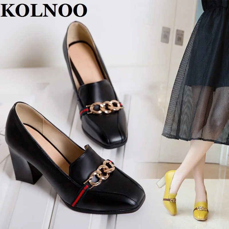 KOLNOO New Arrival Handmade Ladies 8.5cm Thick Heels Pumps Gold-Chain Slip-On Office-Lady Sexy Evening Fashion Party Court Shoes