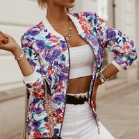 womens autumn zipper coats vintage floral print long sleeve stand collar jacket female elegant office casual streetwear tops