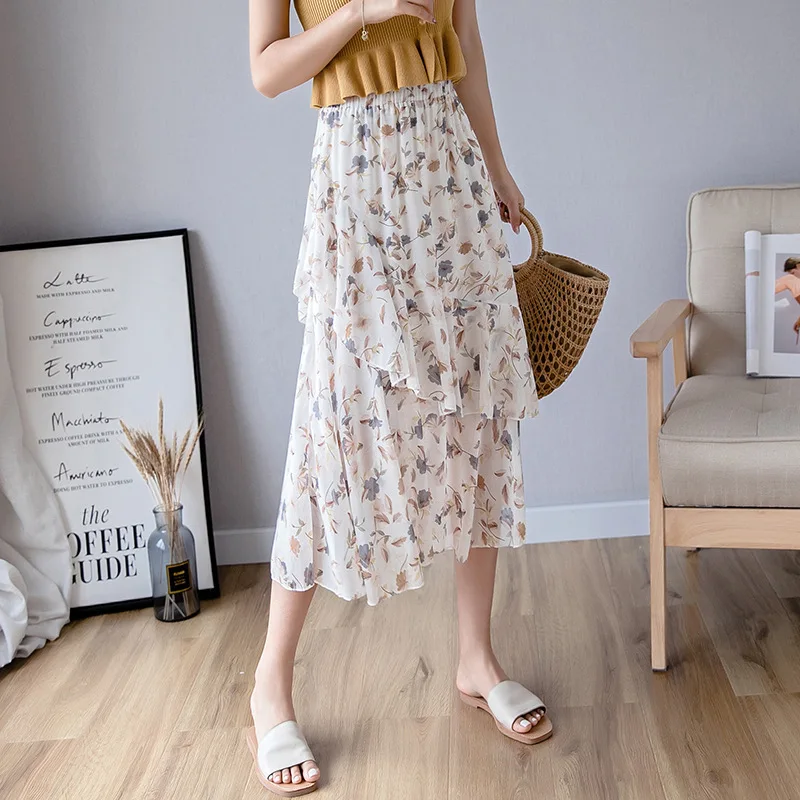 

Summer Chiffon Floral Skirts Mid-length Female Asymmetrical Sweet Skirt for Young Women Ruffled Silk Pleated Long Skirt BSQ271