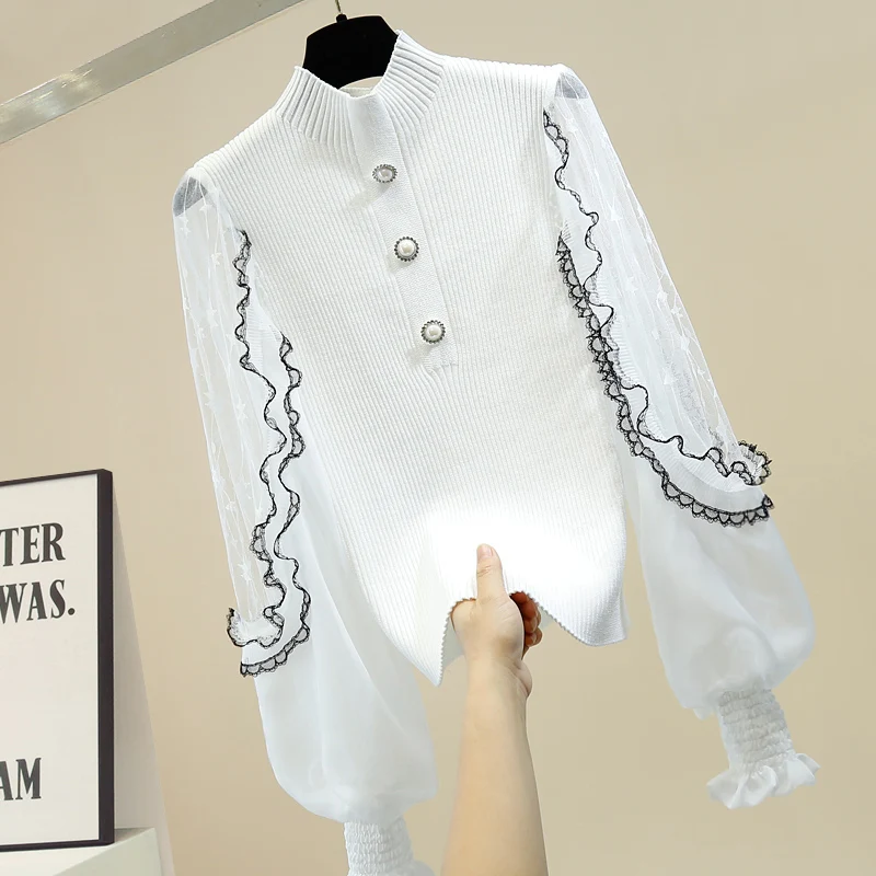 

Fashion Mesh Panel Ruffle Trim Button Decorative Elegant Shirt Lotus Leaf Bell-Sleeve Blouse Ladies Cropped Shirt Pull Femme