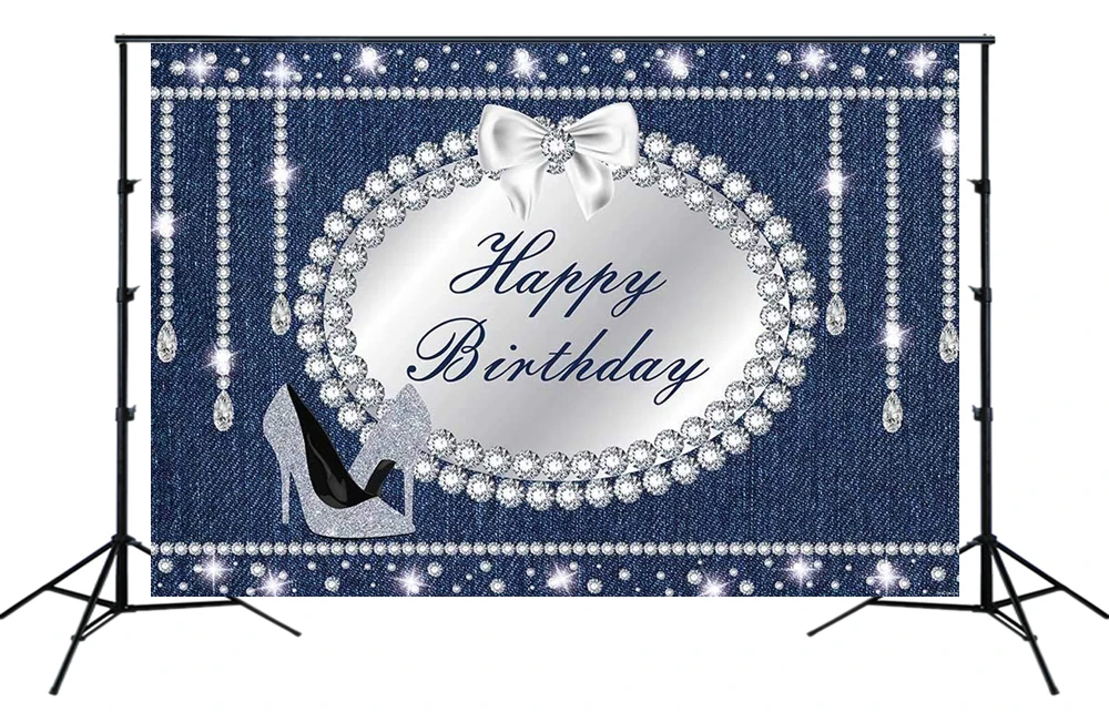 

Girl Princess Backdrop Silver Birthday Party Banner Maiden Teens Glitter High Heels Navy Photo Background Cake Table Decorations
