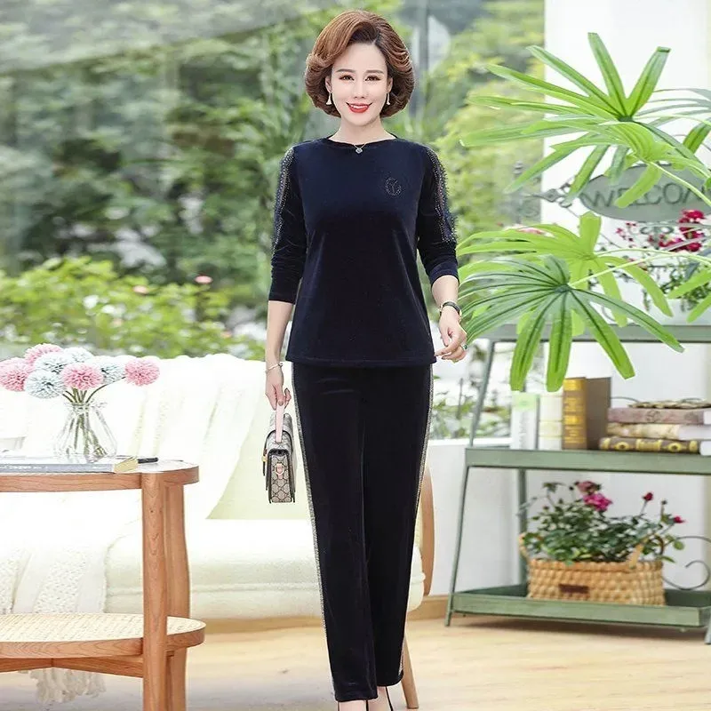 

Для мамы; Сезон весна; Модная Pleuche комплект из двух предметов стильный крюк в дырочку с цветами с длинными рукавами топ + полный Lengthpant повседн...