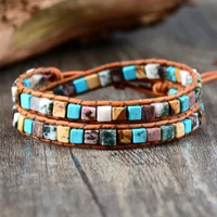 oaiite boho natural turquoise picture stone beads bracelet handmade multilayer leather bracelets yoga emotional healing jewelry