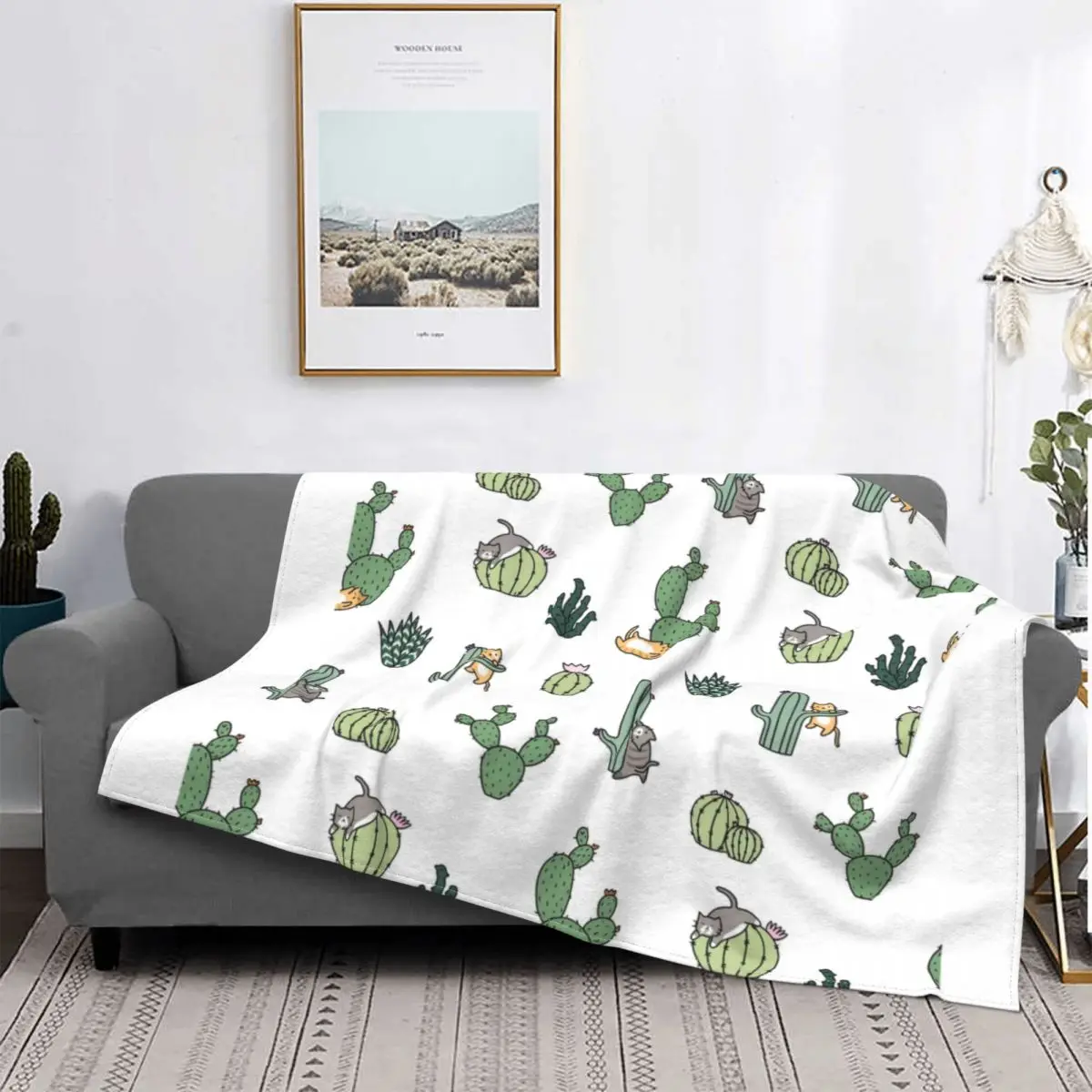 

Cacti Cat Blanket Coral Fleece Plush Spring/Autumn Cute Animal Multifunction Super Warm Throw Blanket for Home Outdoor Quilt
