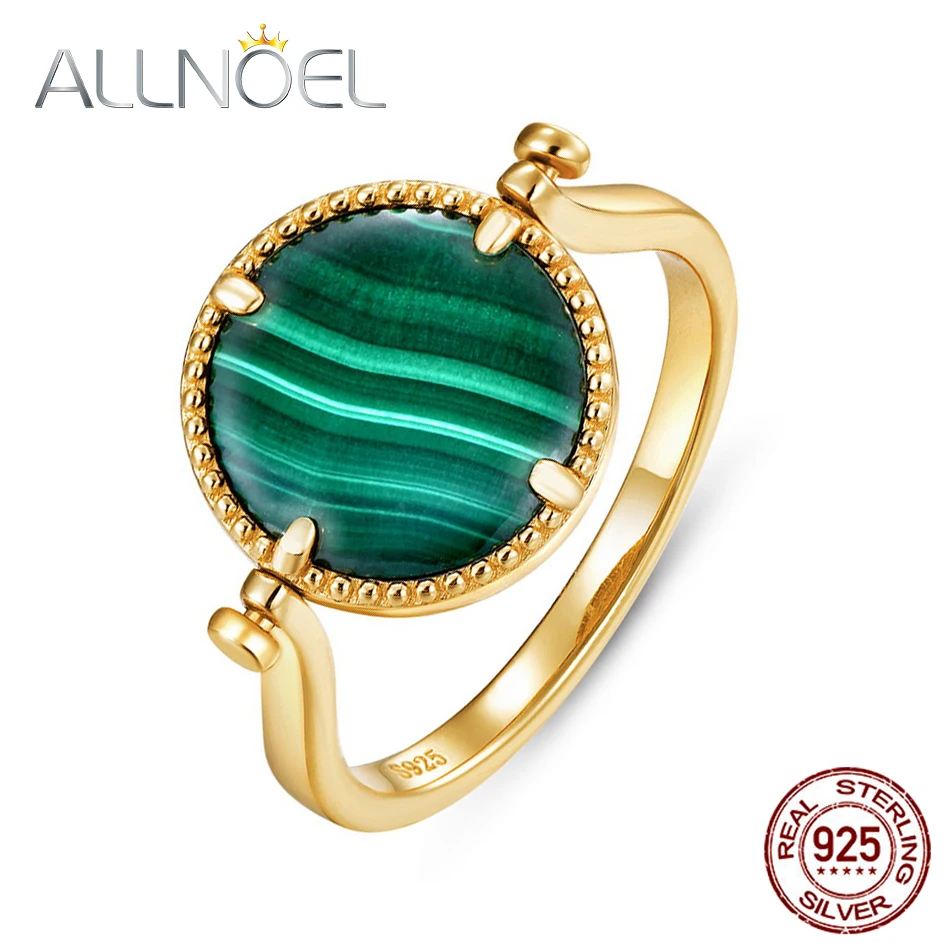 ALLNOEL 925 Sterling Silver Resizable Rings For Women Rotatable Round Natural Green Malachite Blue Sands Stone Fine Jewelry Gift