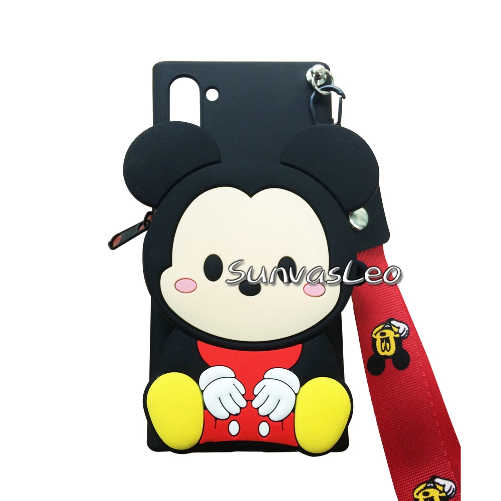 Black Mickey 3D кошелек для samsung Galaxy Note 10/Note 10 Plus, мягкий силиконовый чехол с изображением животных из мультфильма, чехол-кошелек, чехол для телефона с цепочкой и кабелем - Цвет: Black Mickey