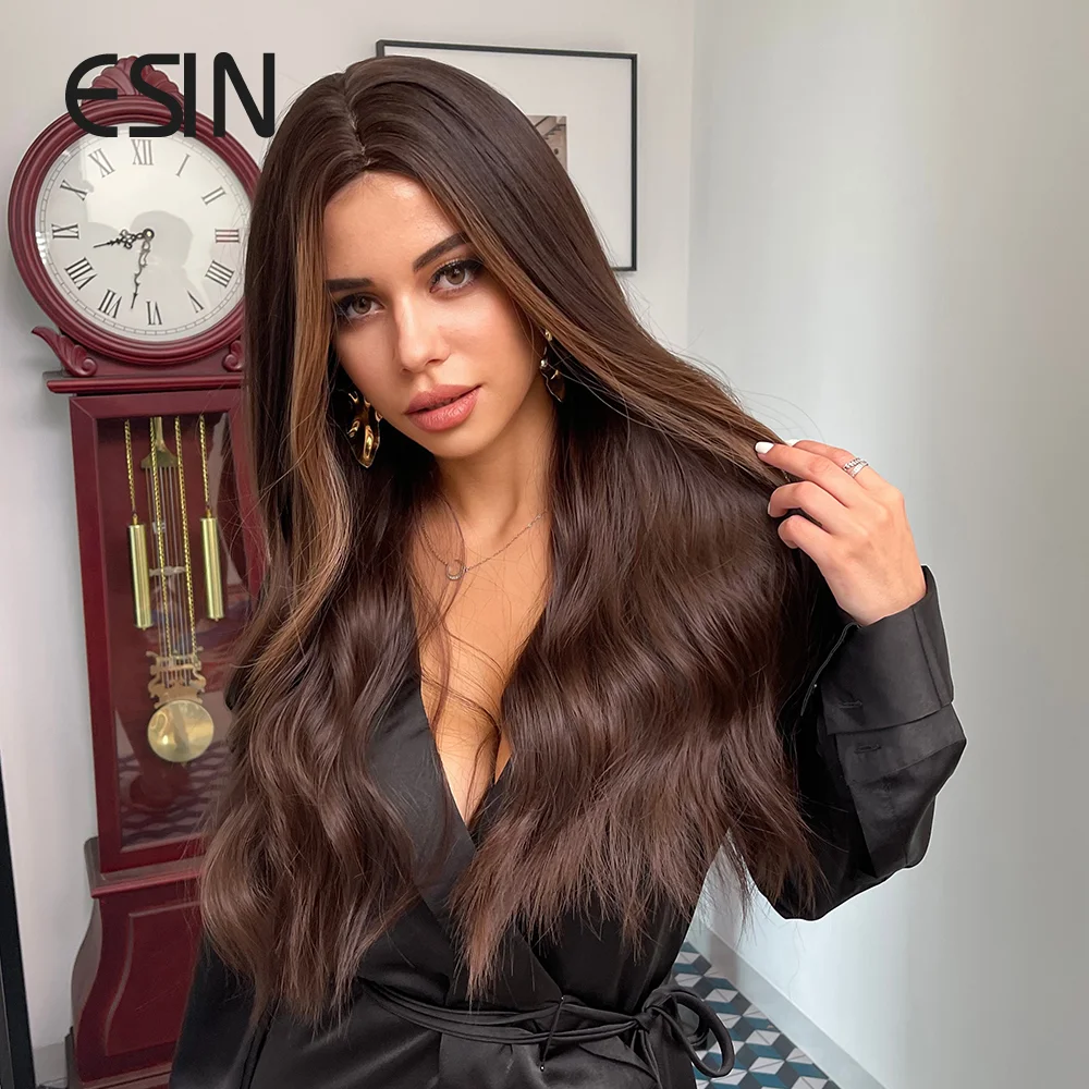 ESIN синтетические волосы длинные волнистые Омбре темно-коричневые парики средней
