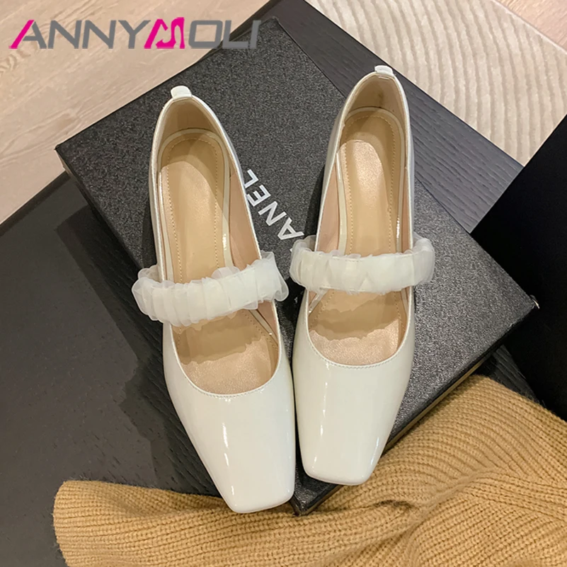 

ANNYMOLI Women Shoes Genuine Leather Mary Janes Med Heel Square Toe Pumps Chunky Heels Ladies Footwear Beige 2022 Spring Size 39