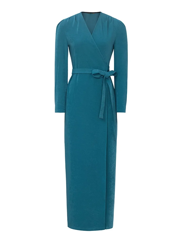 

2020 Autumn Winter Fashion Long Bodycon Dress High Quality Brand Women V-Neck Belt Patchwork Long Sleeve Blue Long Dress XXL