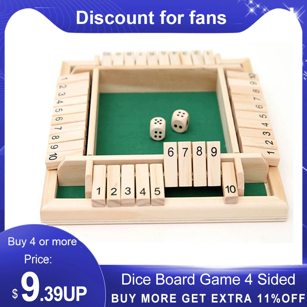 

Настольная игра с играми Shut The Box, набор 4-сторонних деревянных щитков и кубиков с 10 цифрами для 4 человек, товары для паба, бара Вечерние