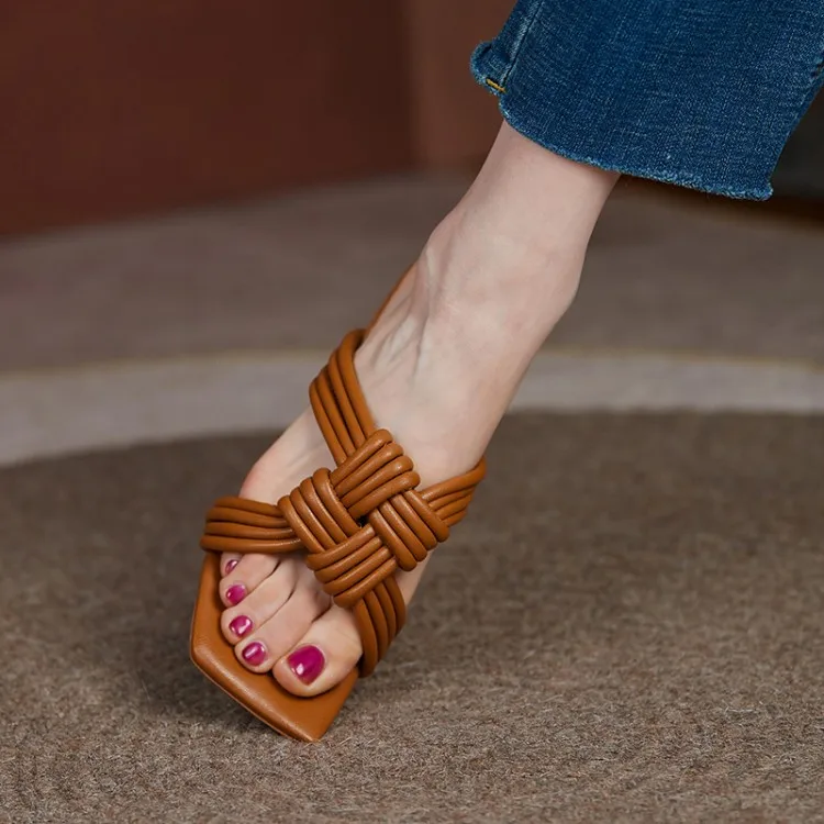 

Summer Woven High Heels Women's Simple Shaped Heel Slippers Fashion Retro Slippers Women
