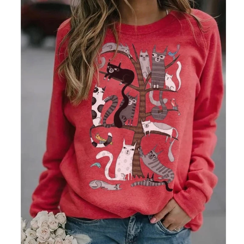 Женский свитшот с длинным рукавом и принтом в виде кошки|Женские толстовки