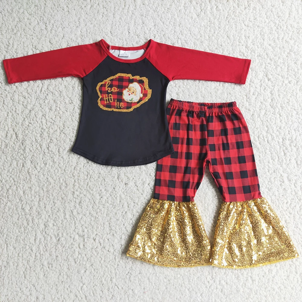 

New Ready To Ship Kids Christmas Long Sleeve Outfit Baby Girls Raglan Shirt Match Flares 2Pieces Set With Sequins