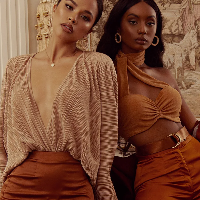 

Women Autumn Sexy Deep V Neck Bodysuit Solid Folds Pleated Patwork Long Sleeve Rompers Spring Elegant Jumpsuits Overall 2020