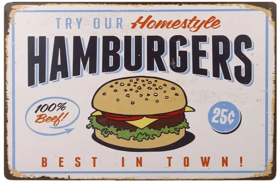 

Tinksky Best in Town Hamburgers Retro Vintage Tin Sign Poster Style Wall Art Pub Bar Decor
