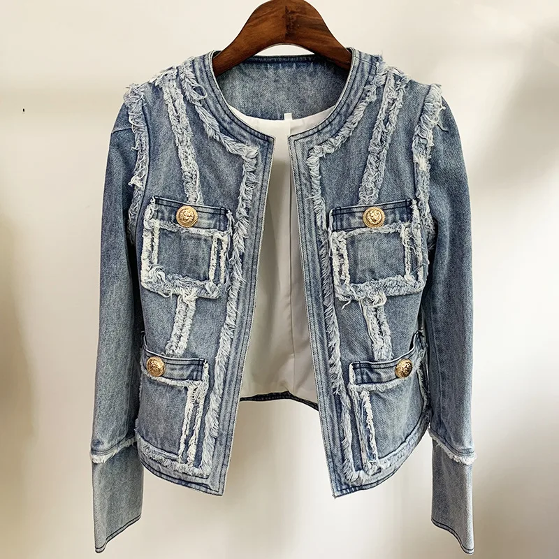 SS2021 Spring Casual Denim Women Jackets Fringed Edge Stitching Long Sleeve O Neck New Female Coat Metal Lion Button Clothes