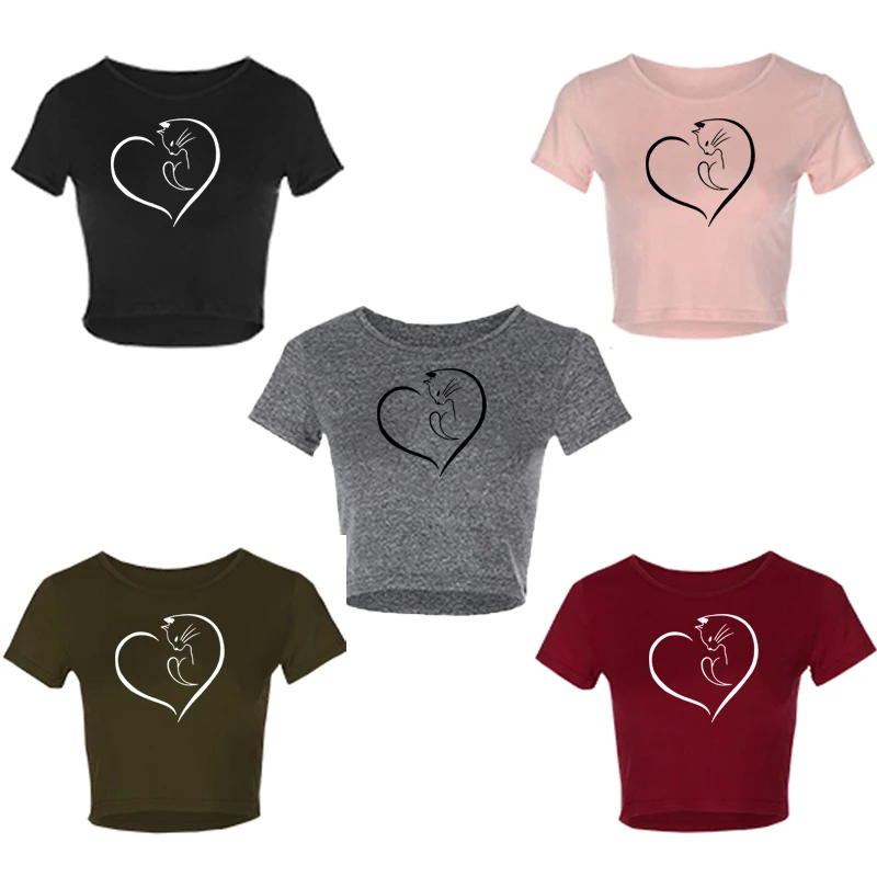 Женская летняя Однотонная футболка с коротким рукавом и принтом кошки | одежда