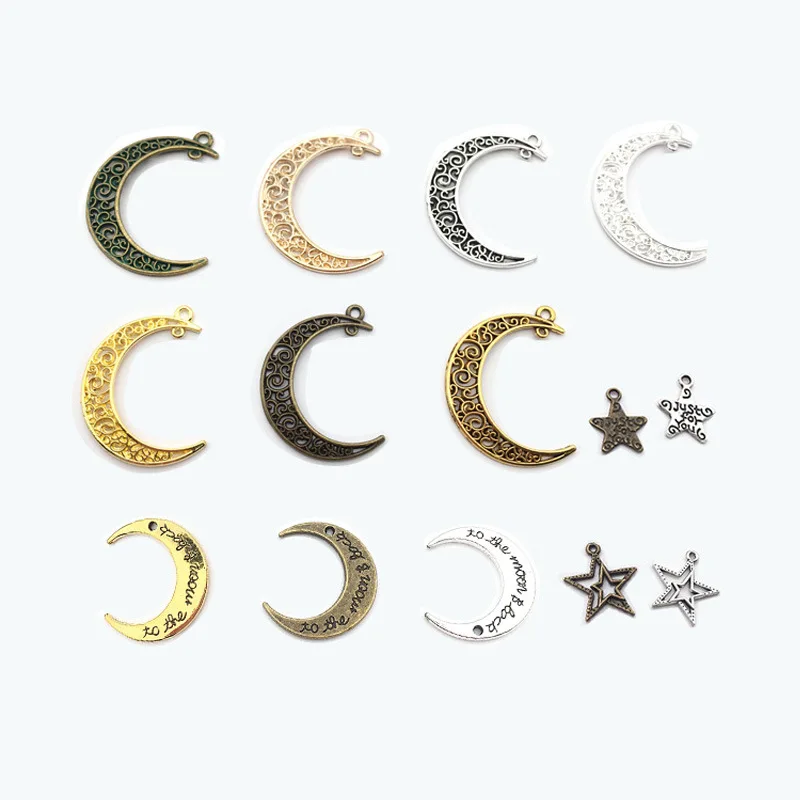 

10Pcs Alloy Retro Hollow Moon Star Jewelry Making Pendant Chain Findings Earrings Bracelet Necklace Pendant 30x39MM