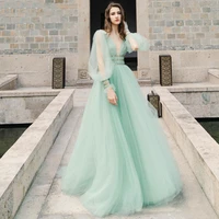 elegant tulle long sleeves beads evening dress light green 2022 sexy v neck prom dress a line formal party gown robes de soir%c3%a9e