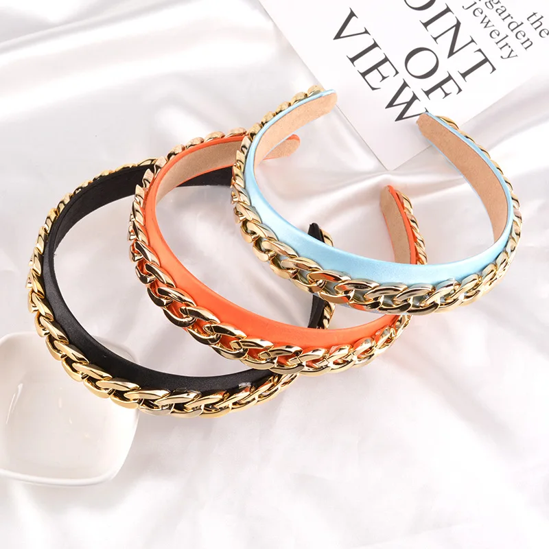 

Fashion Wide Gold Chain Hairbands 2020 Handmade Solid Satin No-Slip Headbands Bezel For Women Girls Hair Hoop Accessories
