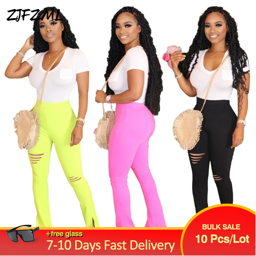 

Bulk Lots Wholesale Items Women's Bodycon Bell Bottom Legging Early Autumn Solid High Waist Ripped Pant Casual Split Hem Trouser