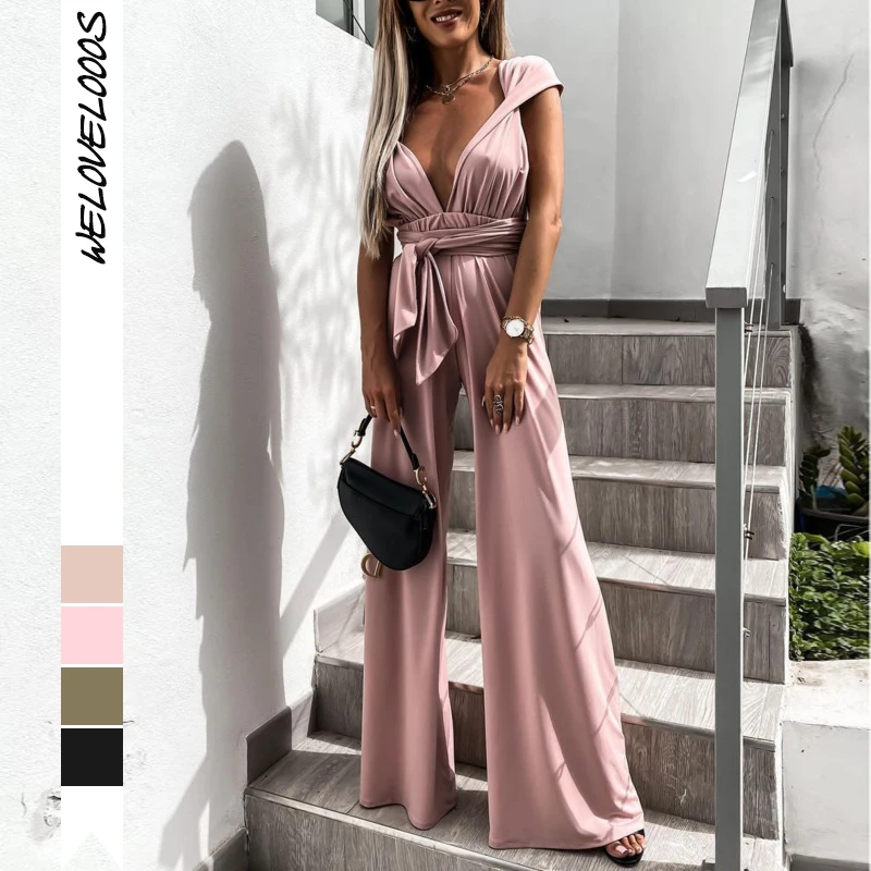 Женский элегантный однотонный комбинезон комбинезоны с V образным вырезом без