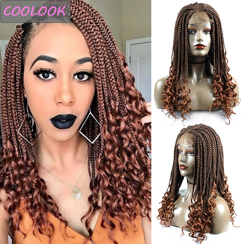 

Ombre Brown Box Braids Wig with Body Hair Synthetic Box Braided Lace Front Wig with Curly Ends 18''box Lace Wigs for Black Women