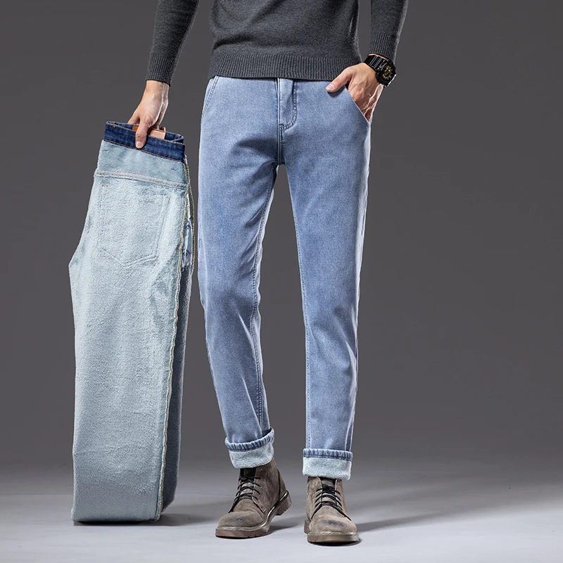 

2022 Winter Men's Jeans Stretch Plus Velvet High Waist Straight Business Casual Classic Fashion Denim Trousers Men's Light Blue