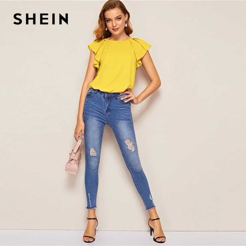 SHEIN модная повседневная однотонная блуза с завязками на спине, реглан, гофрированные плечи,, милые летние офисные женские топы с коротким рукавом и блузки