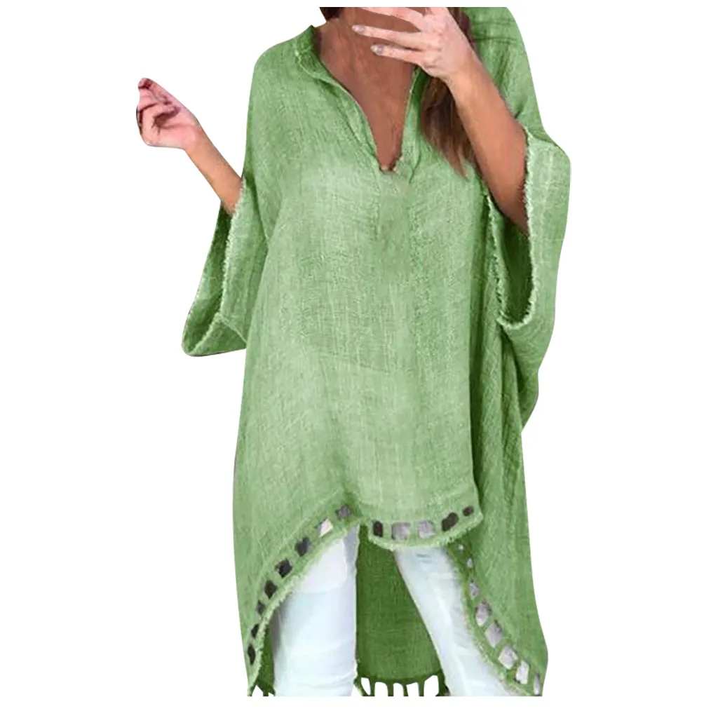 New Women Fashion Solid Colors V-neck Cotton Line Vintage Loose Irregular Long Sleeve Shirt Tops Blouse Blusa Plus Size#g3 | Женская