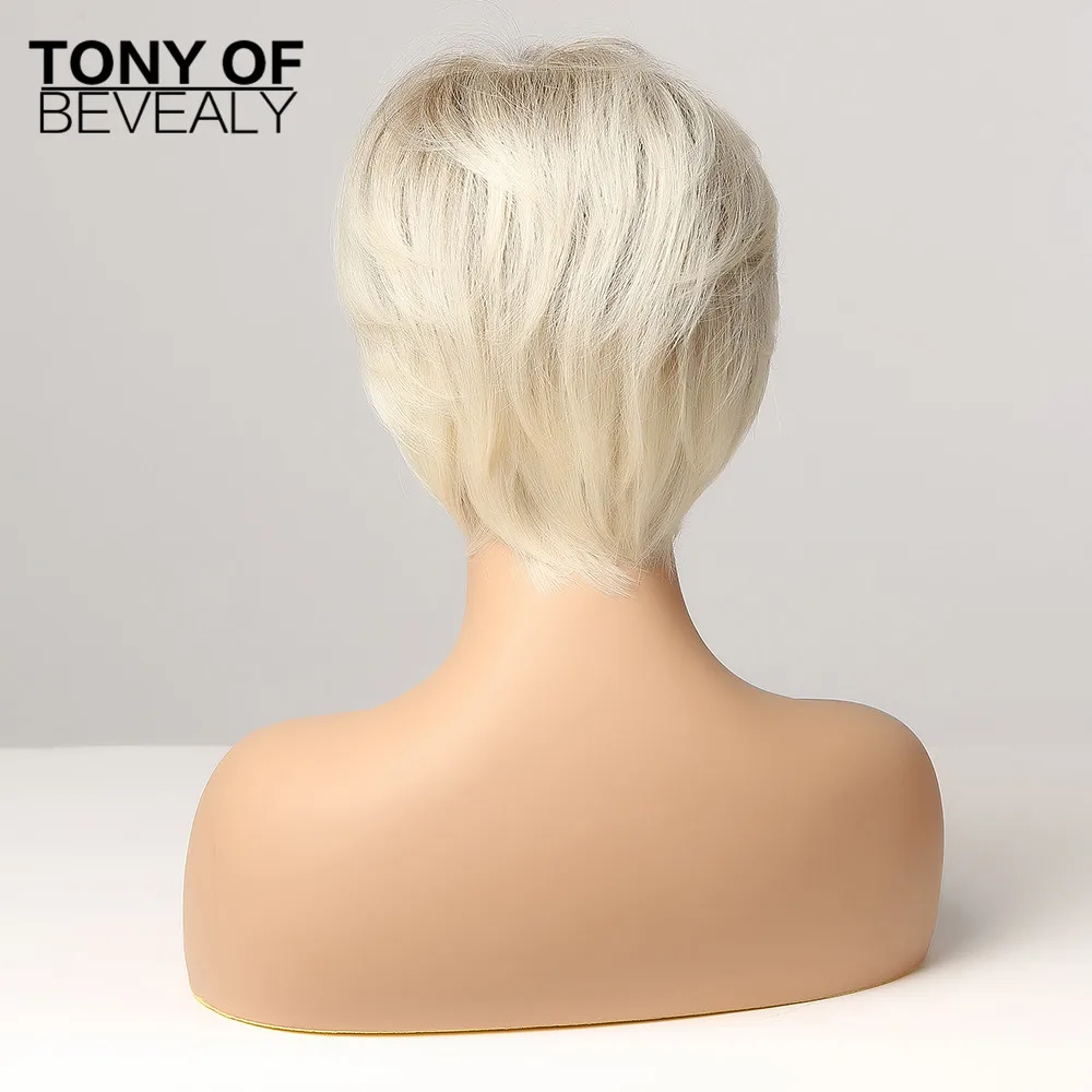 

Short Straight Synthetic Hair Wigs Mixed Brown Blonde Highlight Wigs Side Part for Afro Women Heat Resistant Natural Wigs