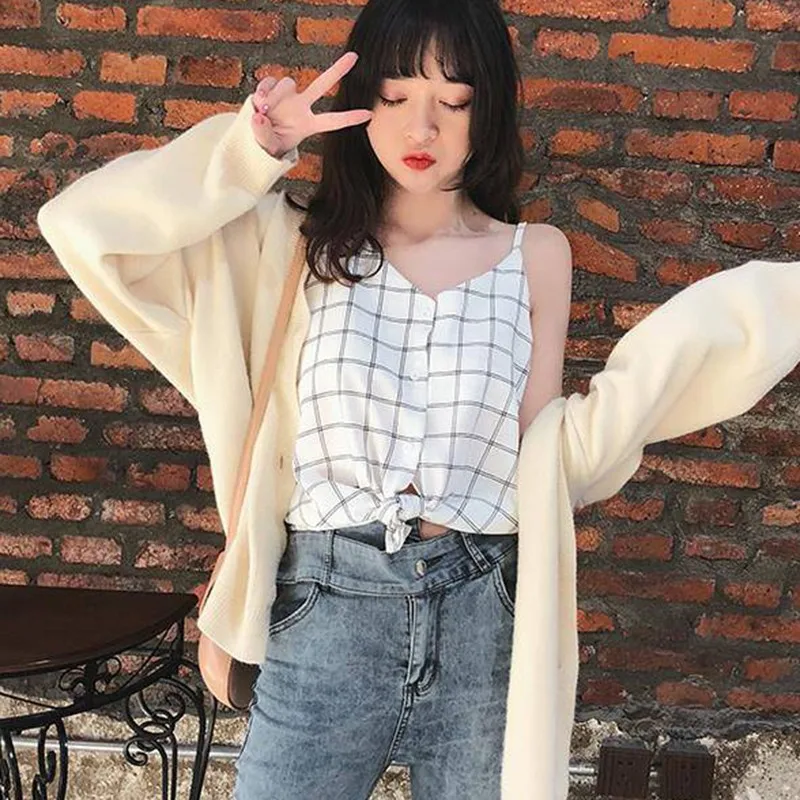 Женские топы на бретельках с клетчатым принтом шифоновый жилет пуговицах v