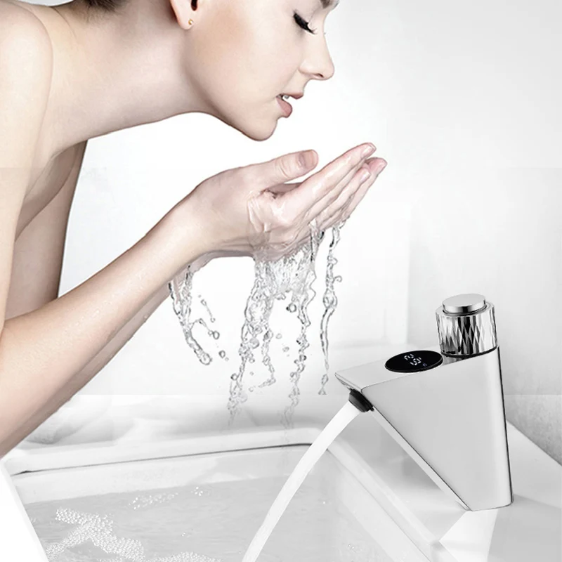 

Tuqiu Hot Cold Basin Faucet Bathroom Vanity Digital Display Push-Button Style Sink Faucet Chrome Brass Hot and Cold