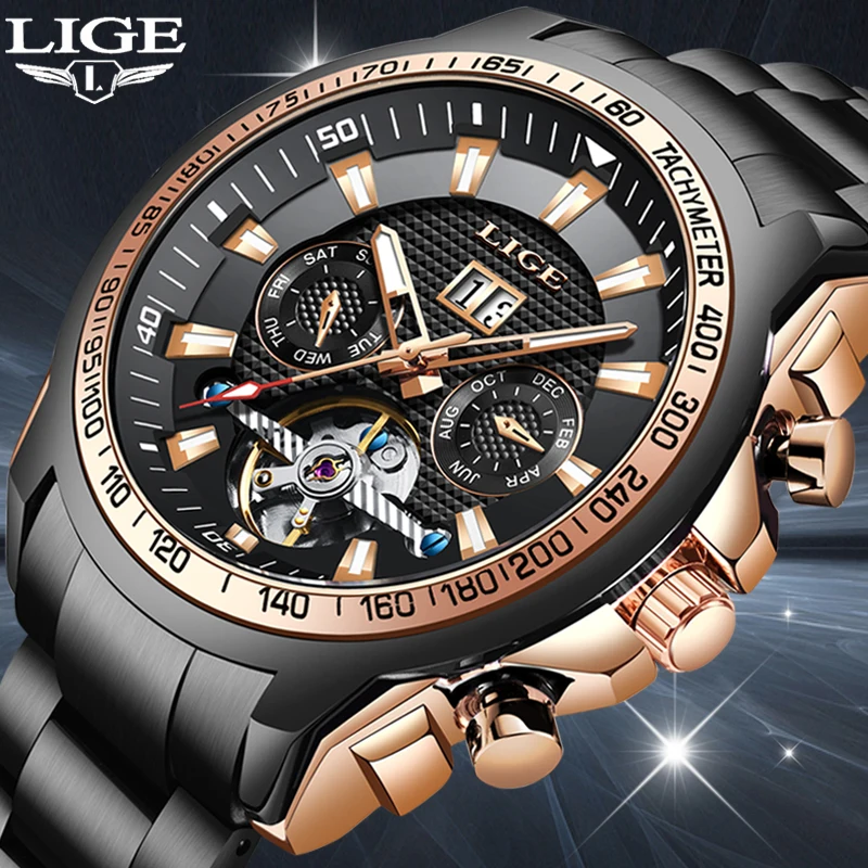 Часы наручные LIGE Мужские автоматические брендовые роскошные механические