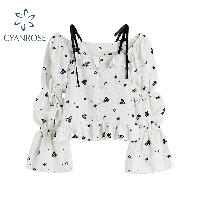 Женская блузка с открытыми плечами пикантная рубашка цветочным принтом на