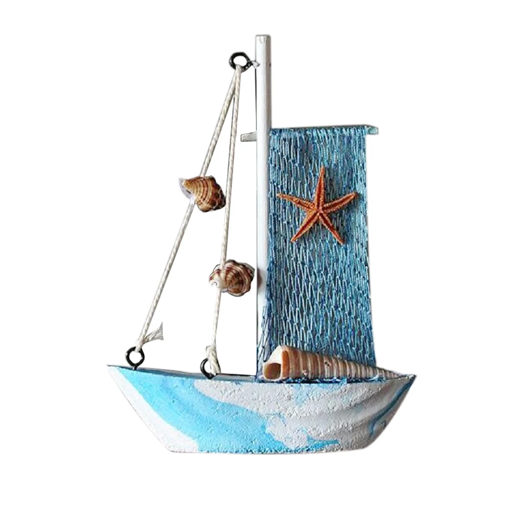 2Pcs Nautical Decor Wood Ornaments Home Tabletop Seagull/Conch/Boat/